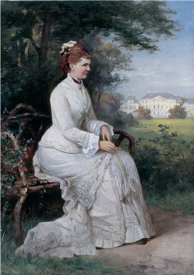 Portrait of Princess Emma von Waldeck-Pyrmont Seated on a Bench in the Park of the Palace Het Loo by Piet Schipperus