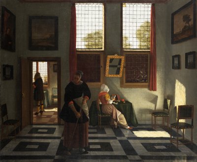 Interior with Painter, Woman Reading and Maid Sweeping by Pieter (1623 82) Janssens