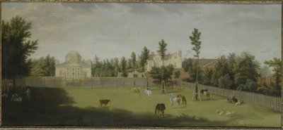 View of the new villa, old house and stables from across Burlington Lane, Chiswick Villa by Pieter Andreas Rysbrack