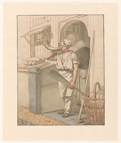Baker Blowing a Horn in Front of His Shop by Pieter Christoffel Wonder