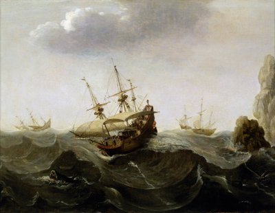A Boat Caught in a Turbulent Sea, with Boats Fleeing the Gale in the Distance and Rocks Emerging from the Water, c. 1620 by Pieter Cornelisz. Verbeeck