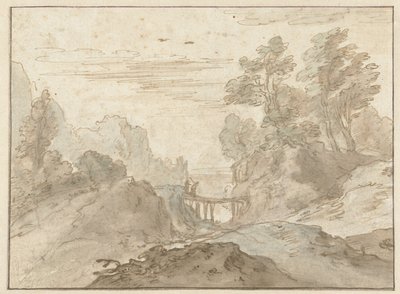 Mountain Landscape with Two Figures on a Narrow Bridge by Pieter Dircksz van Santvoort (possibly)