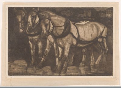 Three Omnibus Horses in a Square in Paris by Pieter Dupont (signed by artist)