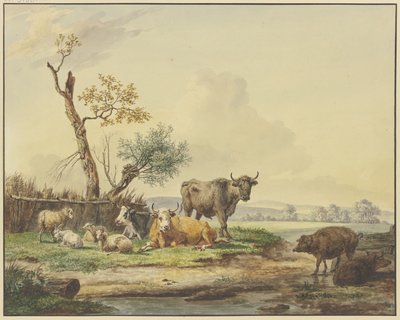Livestock in a Pasture by a Fence, Two Pigs at Right by Pieter Gerardus van Os