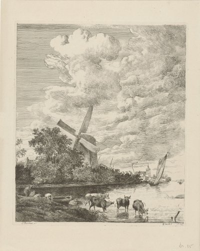 River View with Mill and Cows in the Water by Pieter Gerardus van Os