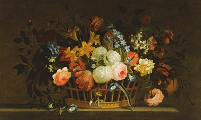 Still Life of Flowers in a Basket on a Stone Ledge by Pieter Hardime