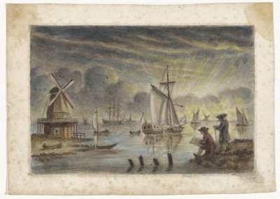Coastal View with Ships, Mill, and a Draughtsman by Pieter Louw (attributed to)