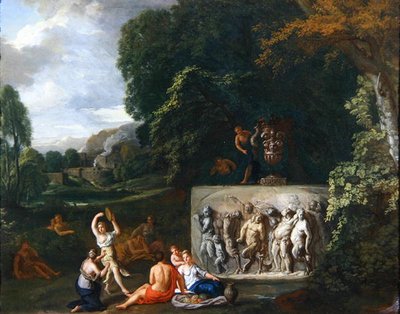 A Classical landscape with maidens dancing by a sarcophagus depicting the Triumph of Silenus by Pieter Rysbrack
