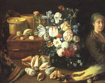 Still Life, Flowers, Shells, Snakes, Bird and a Standing Woman by Pieter Snyers