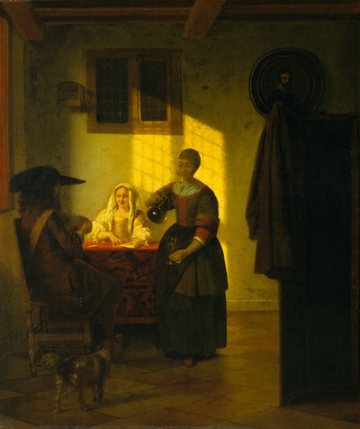 A Couple Playing Cards, with a Serving Woman by Pieter de Hooch