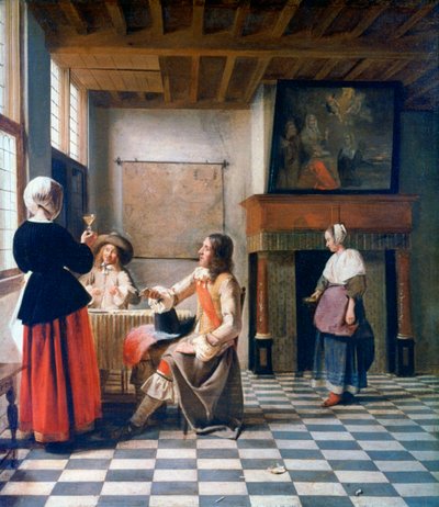 Interior, Woman Drinking with Two Men, and a Maidservant, c1658 by Pieter de Hooch