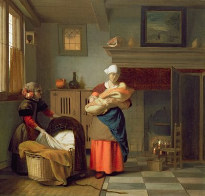 Nursemaid with baby in an interior and a young girl preparing the cradle by Pieter de Hooch