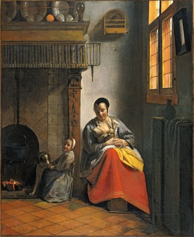 Woman Nursing an Infant, with a Child and a Dog by Pieter de Hooch