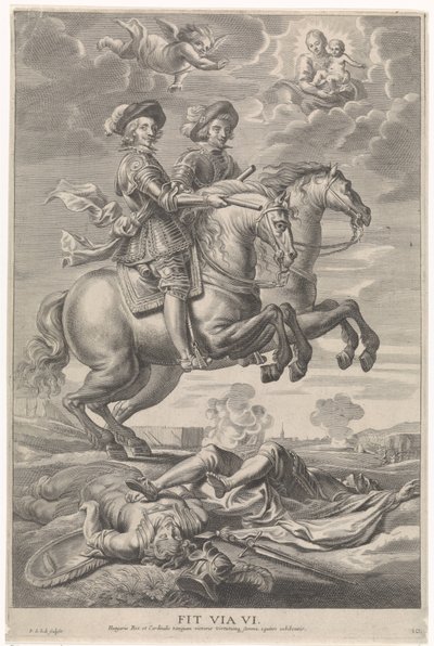 Ferdinand of Austria with Ferdinand, King of Bohemia and Hungary, on horseback at the victory at Nördlingen (series title: Joyous Entry of the Cardinal-Infant in Ghent, 1635) by Pieter de Jode (II)