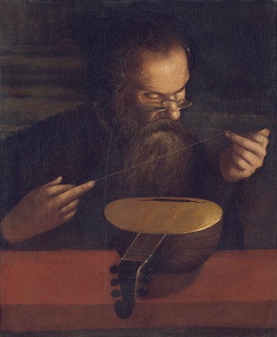An old man stringing a lute by Pietro (circle of) Paolini