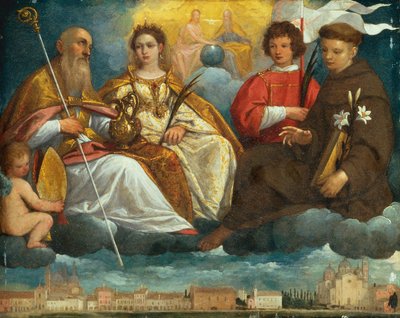Saint Prosdocimus, Justina, Daniel and Antony of Padua in Glory with a view of the Prato Della Valle, Padua by Pietro Damini