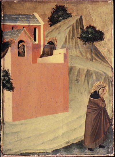 The Saint leaves the convent of St Perpetua and crosses the river Lamone (Polyptych of the life of Saint Humility) - 14th century by Pietro Lorenzetti