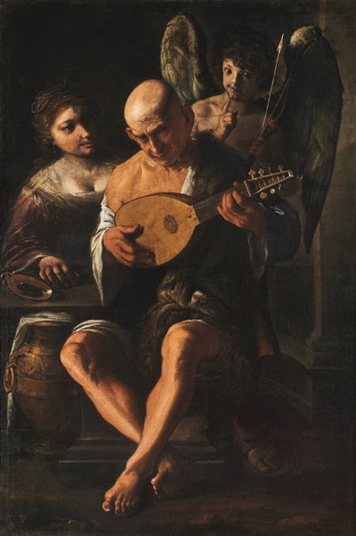 An Elderly Man Playing the Guitar with a Woman and a Putto in Attendance by Pietro Paolini