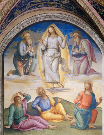 The Transfiguration: Christ Vested in White Surrounded by Moses and Elijah, Below the Apostle John, Peter and James by Pietro Perugino
