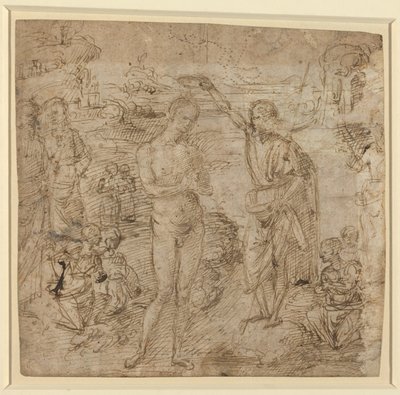 a) The Baptism of Christ; b) Draped Figure Holding a Book and Man Wielding an Ax with a Figure, c.1475 by Pietro Perugino