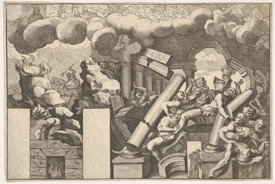 Giants Crushed by Rocks and the Falling Columns of the Temple, Clouds of Smoke Above... by Pietro Santi Bartoli