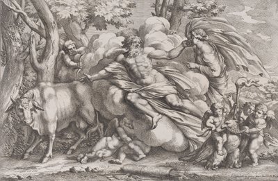 Io at the left as a cow, Jupiter on a cloud in the centre and Juno at the right, 1650-90 by Pietro Santi Bartoli