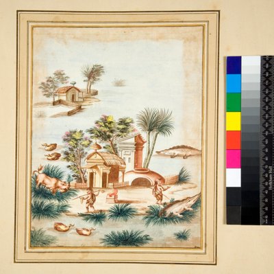 River-scene with two pygmies on an island by Pietro Santi Bartoli