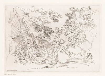 Man with Cross Lying Against Rock, Surrounded by Angels by Pietro Testa