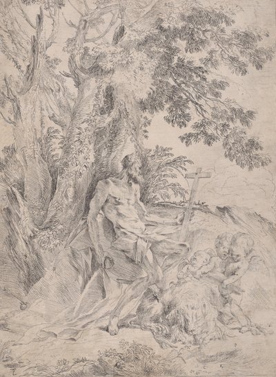 Saint Jerome before a Crucifix Accompanied by a Lion and Three Putti by Pietro Testa