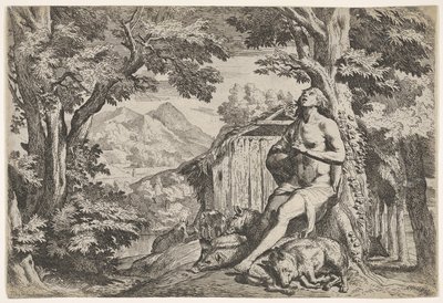 The prodigal son seated at the base of a tree among swine, his gaze directed upward by Pietro Testa
