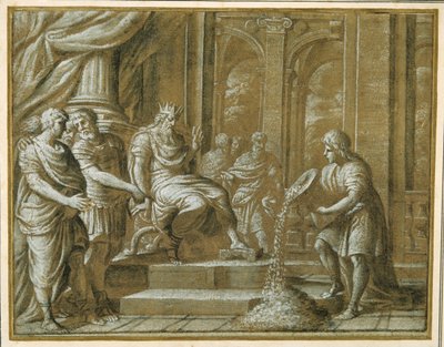 An Elderly King, Enthroned with Attendants in an Architectural Setting, and a Youth Pouring from a Vase to Their Amazement by Pietro da Cortona