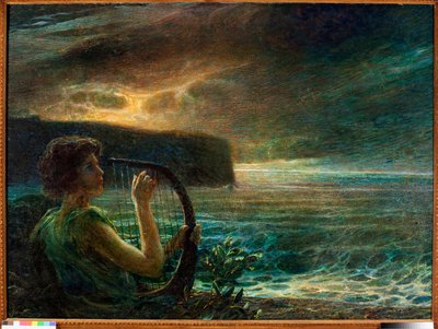Full Moon, Tribute to a Feminine Deity, Playing Lyre in a Seascape with Stormy Sky by Plinio Nomellini