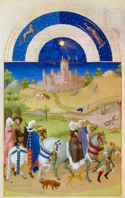 August: Lords Walking Through the Fields While the Peasants Take Care of the Harvest and Bathe by Pol de Limbourg