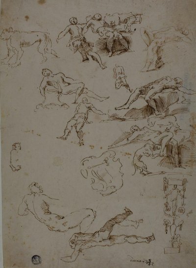 Sketches of Male Nudes, Animals, and Ornamental Details by Polidoro da Caravaggio