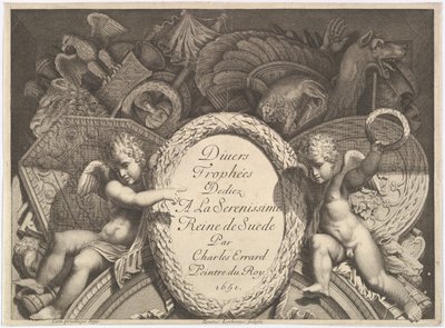 Title page of Divers Trophées Weapon Trophies after the Façade of Palazzo Milesi in Rome, 1651 by Polidoro da Caravaggio