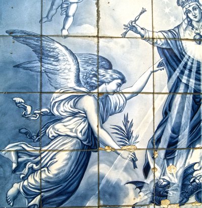 Decorative panel showing the archangel Gabriel and the Virgin Mary crushing a winged Serpent, Lamego, Portugal. 1738 by Portuguese School
