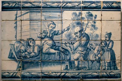 The doctor doing an enema to a patient - Satirical panel of Lisbon, first half 18th century - Musee national des azulejos, Lisbon (Portugal) by Portuguese School