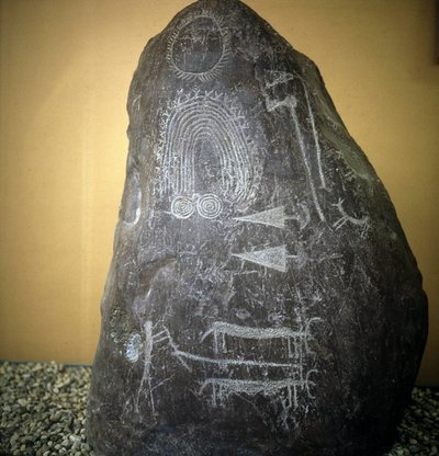 Civilization of the Camunni, Prehistory, rock art: grave rock, animals, arrow tips and spirals - Stele of Bagnolo type 2 in Valcamonica (Camonica Valley), Italy by Prehistoric Prehistoric