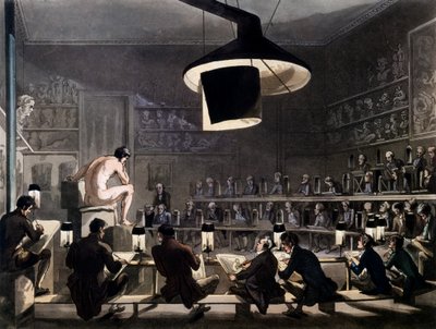Drawing from Life at the Royal Academy, Somerset House, London, from Microcosm of London by R. Ackermann, 1810 by Pugin and Rowlandson