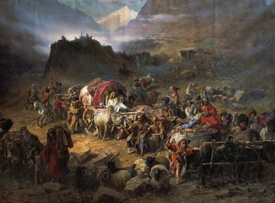 The mountaineers leave the aul before approach of the Russian army by Pyotr Nikolayevich Grusinsky