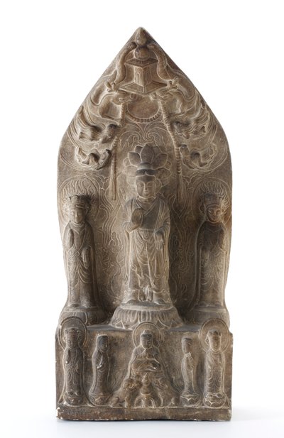 Buddhist trinity in relief on lotus pedestals before pointed background by Qing Dynasty Chinese School