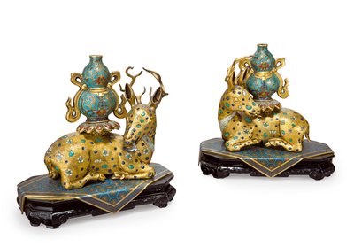 A pair of recumbent deer by Qing Dynasty   Qianlong Period Chinese School