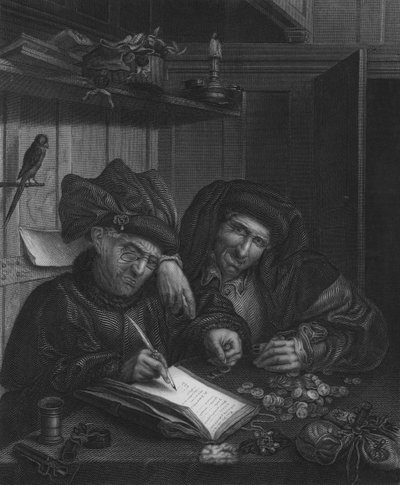 The Money Changers (engraving) by Quentin (after) Massys or Metsys