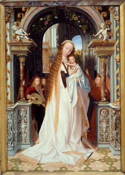 Virgin and child with three angels (Central panel of a triptych) by Quentin Massys or Metsys