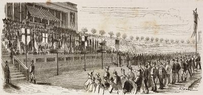 Awarding prizes to winners of national shooting competition in Milan, Italy, engraving by Quinto Cenni from L