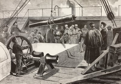 Italian sailors and officers setting ship Gottardo, Italian expedition in Red Sea, Palermo, Italy, engraving from drawing by Quinto Cenni and sketch by Dante Paolocci, from L