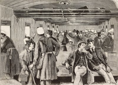 Italian soldiers on train bound for Naples, Italy, second Italian expedition in Red Sea, engraving from drawing by Quinto Cenni and sketch by M Dal Don, from L