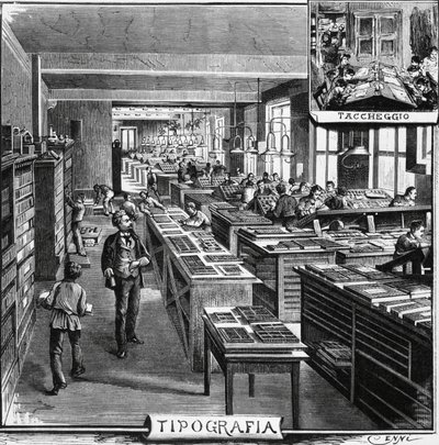 Offices of Treves brothers, typography and overlaying, Milan, Italy, illustration by Quinto Cenni from L