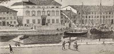 The town hall and the harbor canal, Cesenatico, Italy, engraving from a drawing by Quinto Cenni and a sketch by Ulisse Topi, from L
