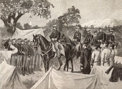 Umberto I, King of Italy, with some officers, visiting military camps by Quinto Cenni